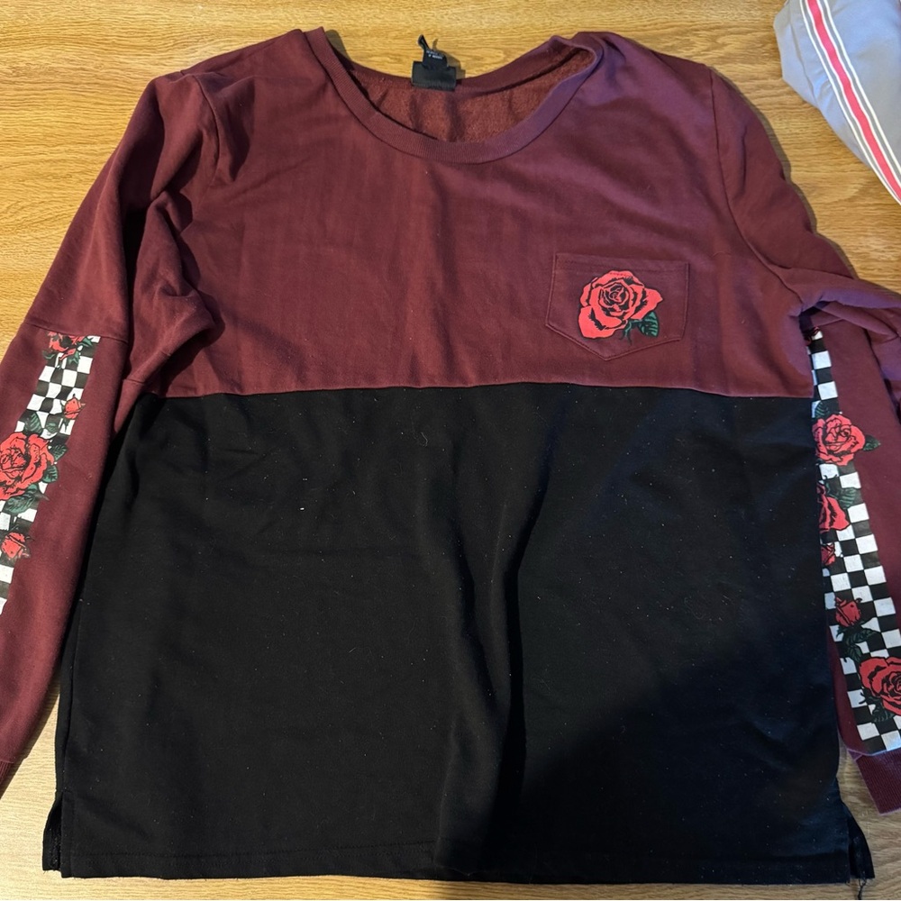 Burgundy and Black Rose Long Sleeve Shirt